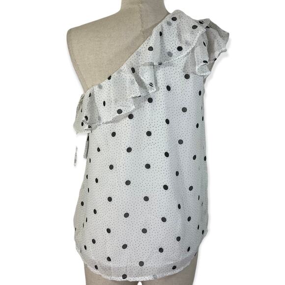 Polka dot ruffled one shoulder blouse by 1. State, NWT small black white chiffon - Picture 4 of 12